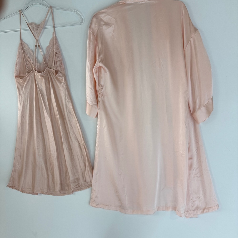 Silksilky Robe Nightgown Set Womens XS/S Pink 100% Silk Lace Trim 2PC Loungewear